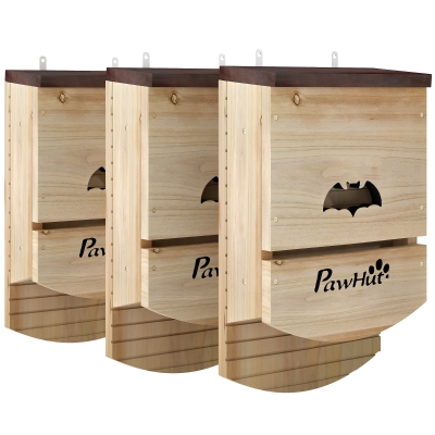 PawHut Wooden Bat Houses Set with Grooved Platform Natural