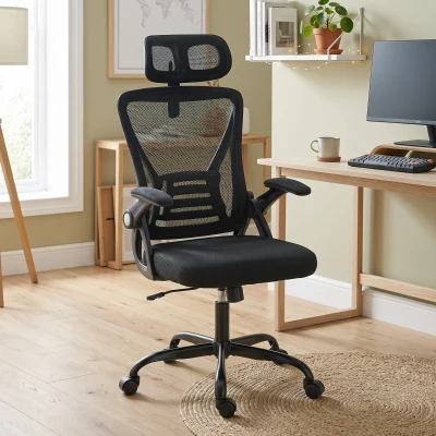 HOMCOM Cadeira de Escritório Ergonômica Apoios de Braço Rebatíveis Apoio de Cabeça Função Basculante Altura Ajustável 59x62x125 cm Preto