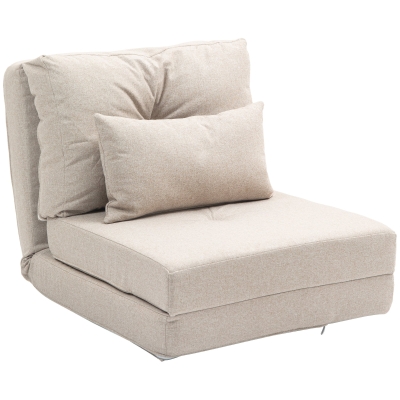 HOMCOM Sofá Cama Individual Plegable Sofá Cama Tapizado en Lino con Respaldo Ajustable 5 Posiciones 1 Almohada Beige
