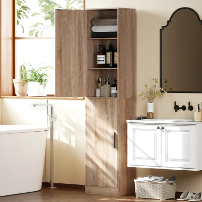 HOMCOM 180 cm hoher Badezimmerschrank, schmaler Badschrank mit 2 Türen, 4 verstellbare Regale, Spanplatte, MDF, Naturholz