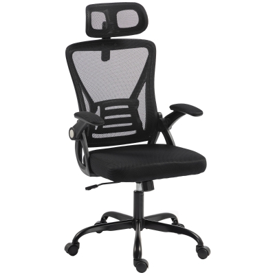 HOMCOM Cadeira de Escritório Ergonômica Apoios de Braço Rebatíveis Apoio de Cabeça Função Basculante Altura Ajustável 59x62x125 cm Preto