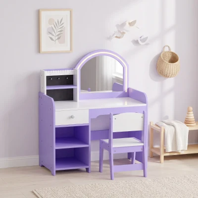 AIYAPLAY Coiffeuse Enfant Tabouret Miroir Éclairé Violet 3-8 Ans