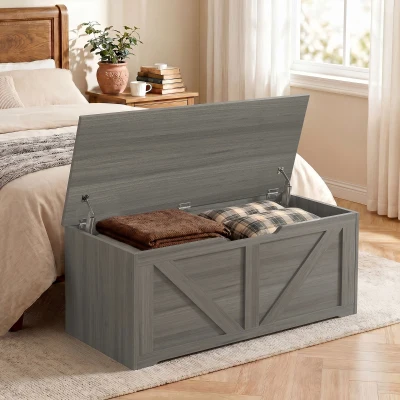 HOMCOM Storage Box 127L Wood-Effect Safety Hinges Dark Grey