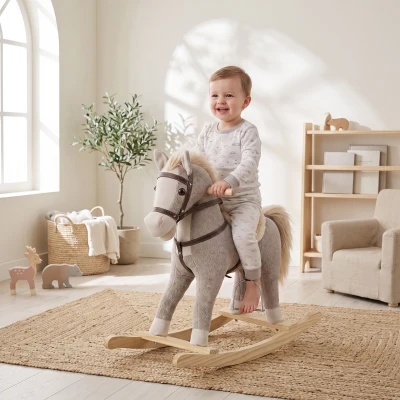 AIYAPLAY Caballo Balancín con Sonidos y Asas de Seguridad Base de Madera para Niños de 12 a 36 Meses Gris