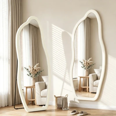 HOMCOM Espelho de Corpo Inteiro 160x60 cm de Pé ou Parede com Moldura Arqueada Aveludada Creme