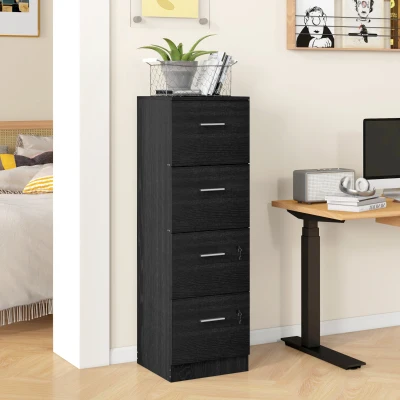 HOMCOM Gaveteiro de Secretária com 4 Gavetas Fechaduras e Barras Ajustáveis para Arquivo A4 e Letter 40x42x130,8 cm Preto