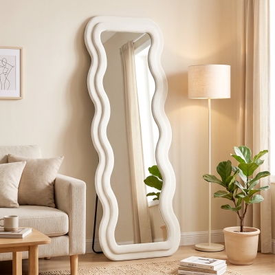 HOMCOM Espelho de Corpo Inteiro 160x60 cm com Moldura Ondulada Aveludada, de Pé, Apoiado e de Parede, Creme