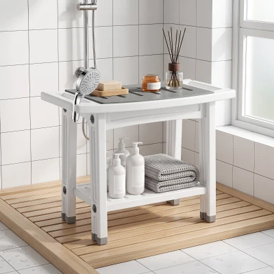 HOMCOM 2-Tier Shower Bench with Shelf Bathroom Stool White Grey
