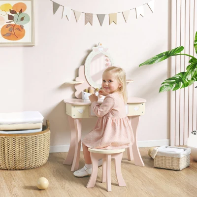 AIYAPLAY Set Toeletta con Specchio e Sgabello per Bambini Rosa