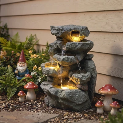 Outsunny 6-Tier Resin Garden Fountain LED Lights Grey