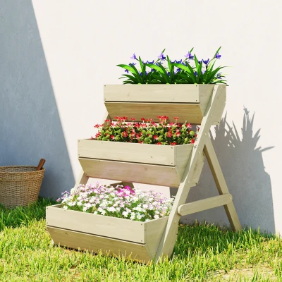 Outsunny Vertikales Hochbeet mit 3 Etagen Vertikalbeet aus Holz Blumenkasten mit 3 Pflanzkästen Ablauflöchern Grün
