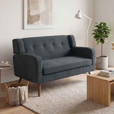 HOMCOM 2-Seater Corduroy Loveseat Wood Legs Living Room Dark Grey