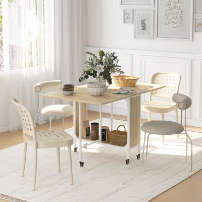 HOMCOM Drop Leaf Folding Table Natural Wood 6 Wheels