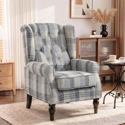HOMCOM Wingback Armchair Faux Linen Wood Legs Plaid