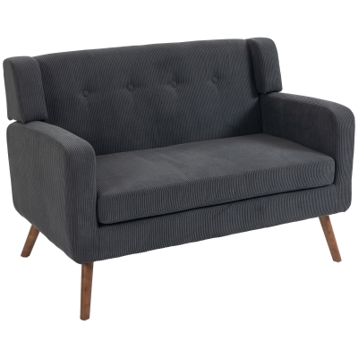 HOMCOM 2-Seater Corduroy Loveseat Wood Legs Living Room Dark Grey