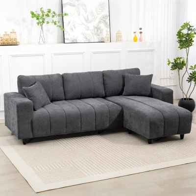 HOMCOM Sofá Chaise Longue Reversible de 3 Plazas 2 Almohadas Tapizado en Lino Marco de Acero 242x156x87 cm Gris Oscuro