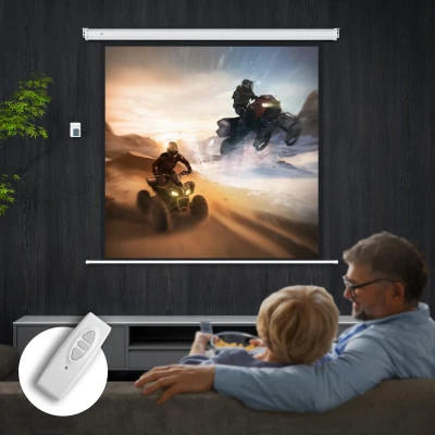 HOMCOM Pantalla de Proyector Eléctrica 85 Pulgadas Pantalla de Proyección con Control Remoto Formato 1:1 HD 4K Blanco