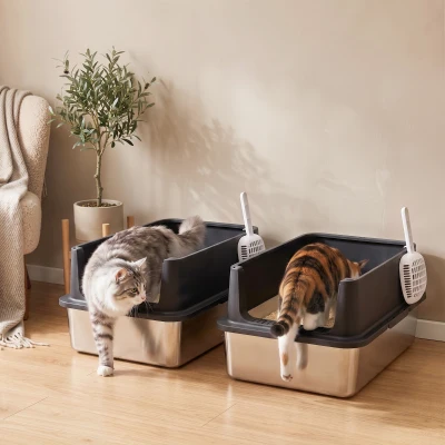 PawHut 2er-Set Katzenklo Edelstahl XL mit Hohem Rand Deckel 60x40x30cm Halboffene mit 2 Schaufeln, für Große Katzen bis 8 kg