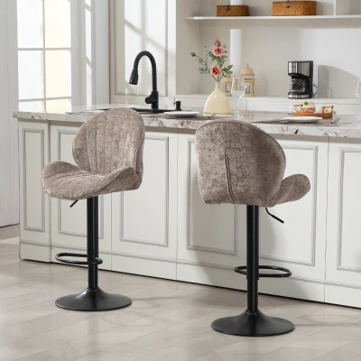 HOMCOM Conjunto de 2 Bancos de Bar Giratórios em Chenille com Altura Ajustável 62-83 cm, Encosto e Apoio para os Pés, Moka