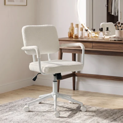 HOMCOM Bürostuhl aus Sherpa-Fleece, Drehstuhl mit 360°-Drehfunktion, Wippfunktion, höhenverstellbar, mit PU-Rollen, cremeweiß