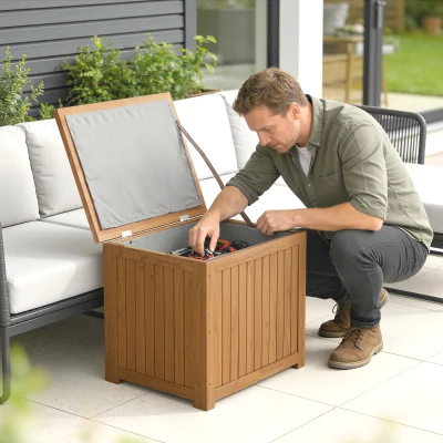 Outsunny Arcón Exterior de Madera 130L Baúl Almacenaje Exterior con Forro Tapa con Bisagras y Correa 63x51x58,5 cm Marrón