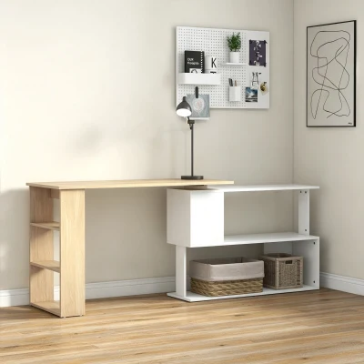 HOMCOM Bureau d'Angle Modulable avec Étagère 3 Niveaux Blanc Bois