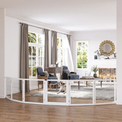 PawHut Barrera de Seguridad para Perros Plegable de Madera para Escaleras y Puertas con Soporte de Pie 432x36x70 cm Blanco
