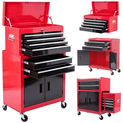 HOMCOM Metal Tool Chest on Wheels with 6 Drawers, Red 61.6x33cm