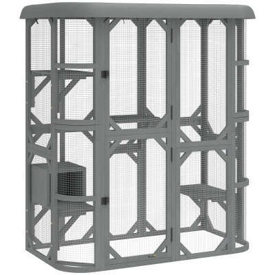 PawHut Wooden Catio with Platforms & Cover Grey