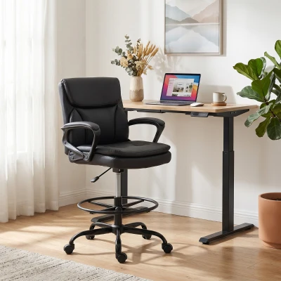 HOMCOM Silla de Dibujo Silla de Escritorio Ergonómica Giratoria con Altura y Reposapiés Ajustable Negro
