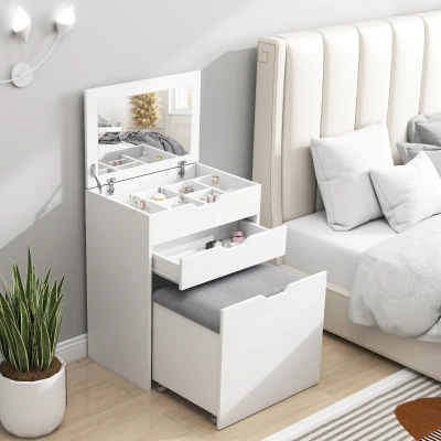 HOMCOM Tocador de Maquillaje con Taburete Oculto Espejo Abatible Cajón y 7 Compartimentos Taburete con Almacenamiento Blanco