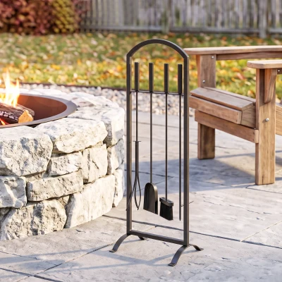Outsunny 6-teiliges Metall-Kamin-Set mit Tasche, Bürste, Schaufel, Feuerhaken, Zange, Ständer, Schwarz