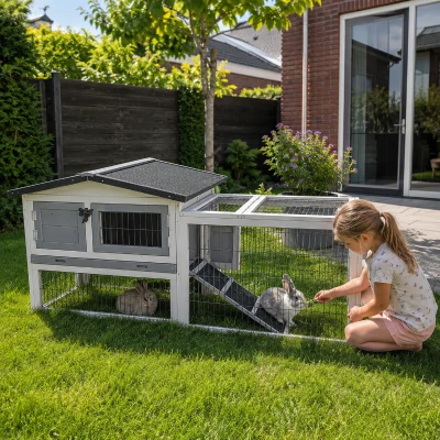 PawHut Kleine Dierenverblijf met Buitenren Caviaverblijf Grijze Open Ruimte