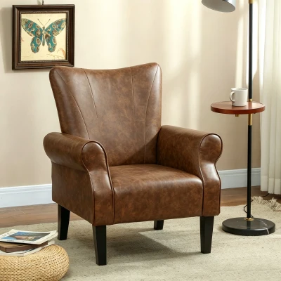 HOMCOM Upholstered Accent Armchair Wood Legs Brown