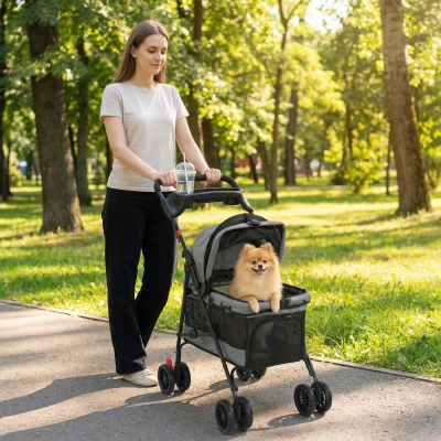 PawHut Hundewagen Faltbar Hundebuggy mit Kissen Netzfenstern Getränkehalter 360° drehbare Räder für kleine Hunde bis 10kg Grau
