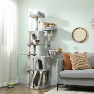 PawHut Arbre à Chat 177cm 3 Platesformes 2 Niches Gris Clair
