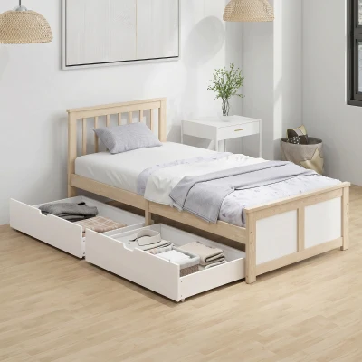 HOMCOM Pine Storage Bed Single Wooden Frame Drawers Natural