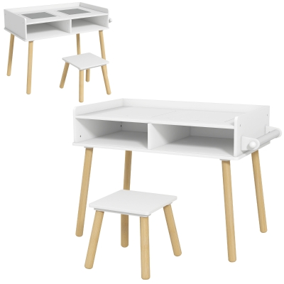 HOMCOM Set Tavolino per Bambini con Sgabello in Legno Bianco