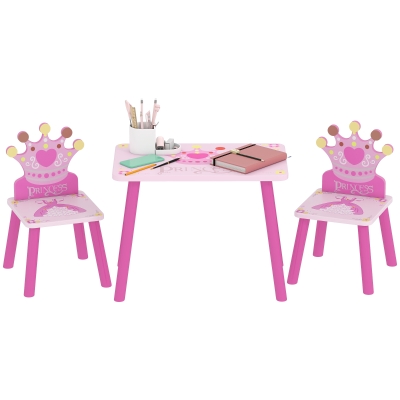 HOMCOM Juego de Mesa y 2 Sillas Infantiles de Madera Set de Mesa 55x34x42 cm Sillas 28x26x50 cm para Niños de 2-4 Años para Dormitorio Color Rosa