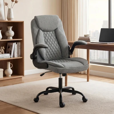 HOMCOM Executive Office Chair Linen Flip-Up Armrests Grey