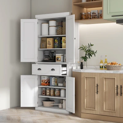 HOMCOM Armoire Cuisine 4 Portes Tiroir Étagères Réglables Blanc