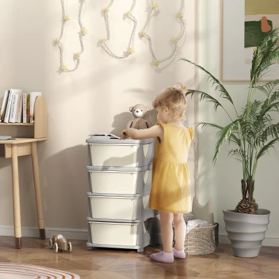 HOMCOM Organisateur de jouets pour enfants avec 4 tiroirs à 4 niveaux, boîtes de rangement en plastique, 37 x 37 x 76 cm, crème