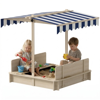 Outsunny Kids Wooden Sand Pit with Canopy Blue & White