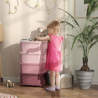 HOMCOM Organisateur de jouets pour enfants avec 4 tiroirs à 4 niveaux, boîtes de rangement en plastique, 37 x 37 x 76 cm, rose