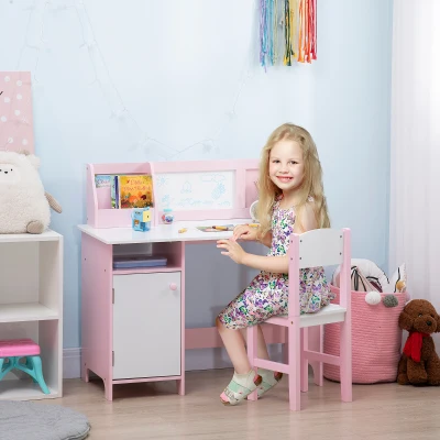 HOMCOM Kids Table and Chair Set w/ Whiteboard - Pink