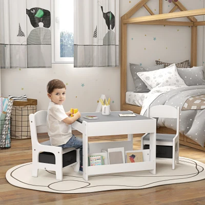 HOMCOM Juego de Mesa con Sillas para Niños 3 en 1 con Pizarra Cajones de Tela y Espacio de Almacenamiento Blanco y Gris