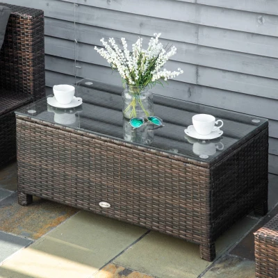 Outsunny Mesa Exterior Terraza de Ratán Sintético Mesa Auxiliar con Vidrio Templado para Terraza Patio Balcón 85x50x39 cm Marrón