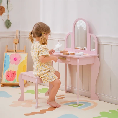 HOMCOM Coiffeuse Enfant Rose avec Tabouret et 3 Miroirs