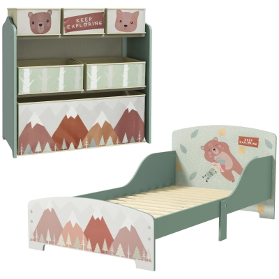 ZONEKIZ Toddler Bed Frame with Storage Shelf Green
