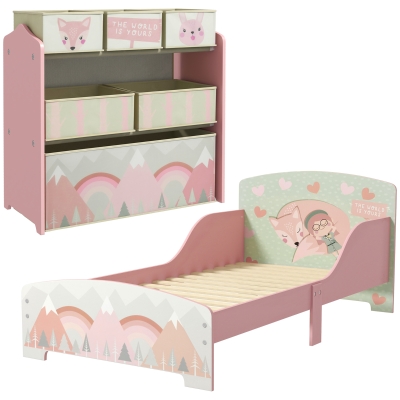 ZONEKIZ Toddler Bed Frame with Storage Shelf Pink